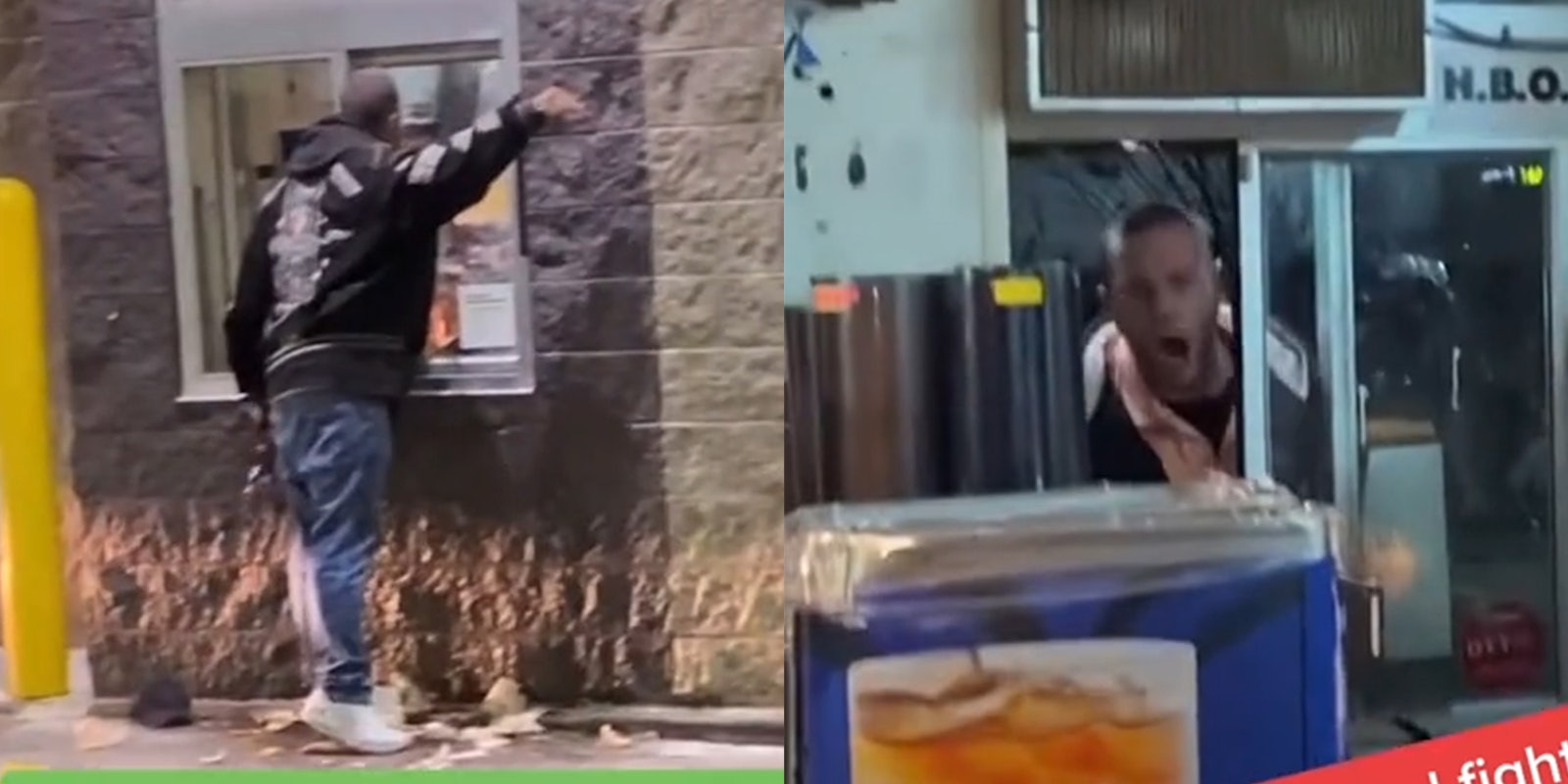 man punching drive thru window and pointing (l) man pushing face through drive-in window while yelling (r)