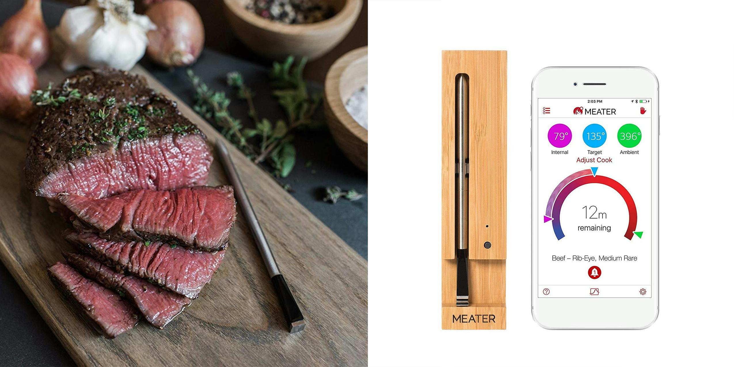 MEATER meat thermometer used to make a steak and its companion app.