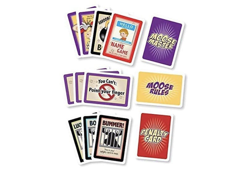 moose master party game featuring a jail card, a no pointing card, and a name game card