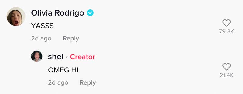 olivia rodrigo comment on a tiktok video