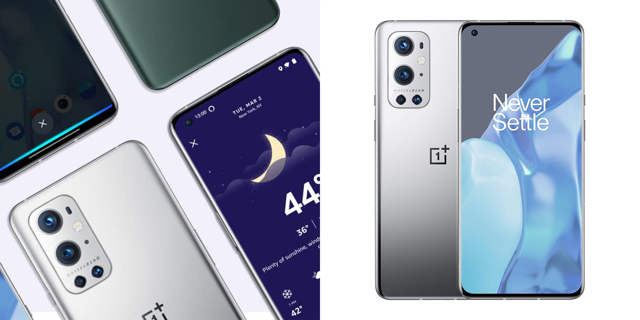 A collage of OnePlus 9 smartphones.