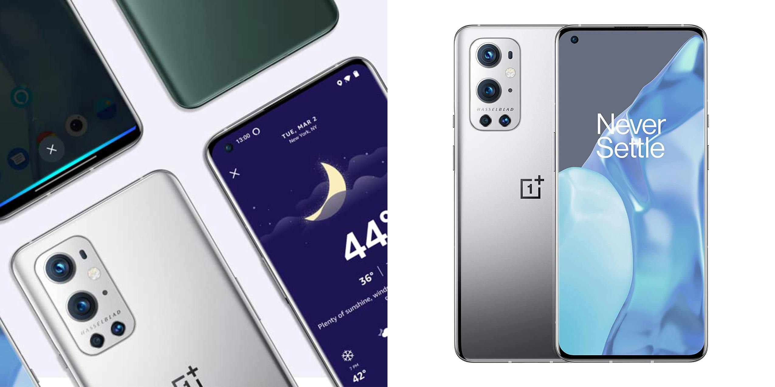 A collage of OnePlus 9 smartphones.