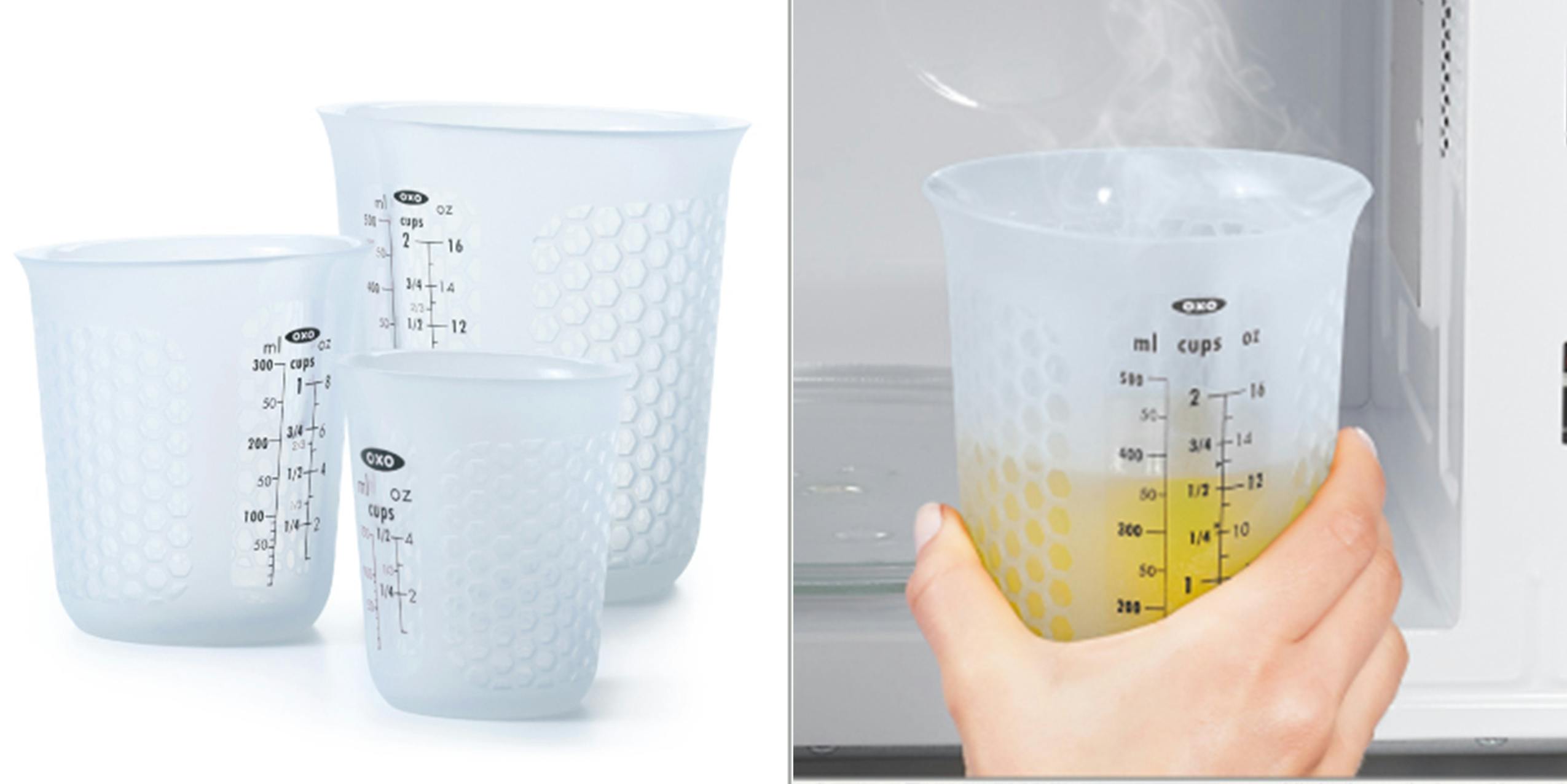 OXO Silicone Measuring cups on display along with their use in a microwave.