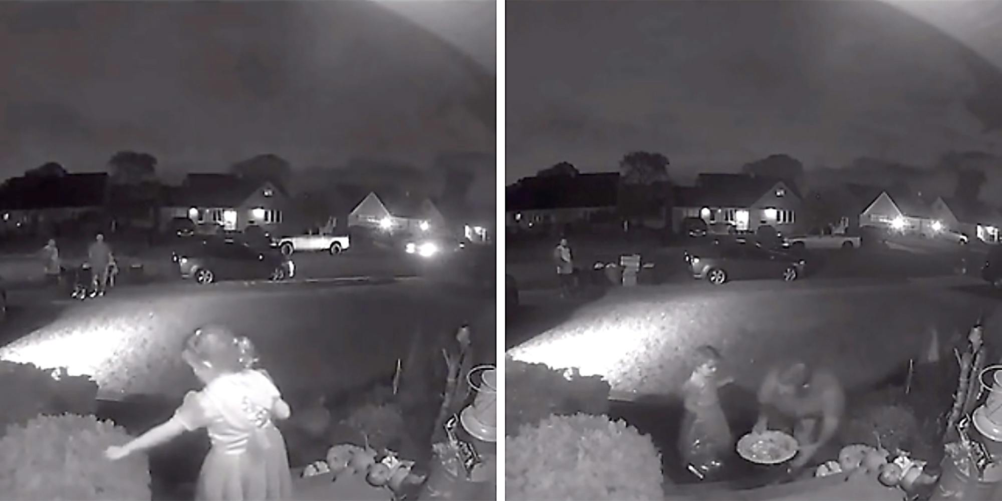 A child on a porch (L) and a man putting candy into a child's bag (R).