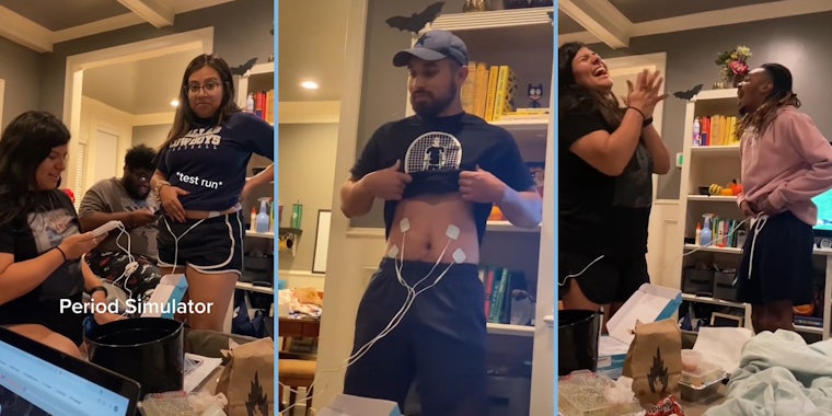 women trying 'period simulator' (l) man with electrodes on abdomen with shirt raised (c) woman laughing and clapping while man reacts to period simulator (r)