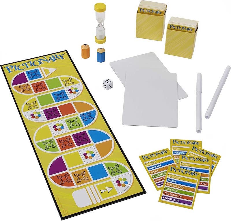 pictionary party game, board, cards, pens and pads