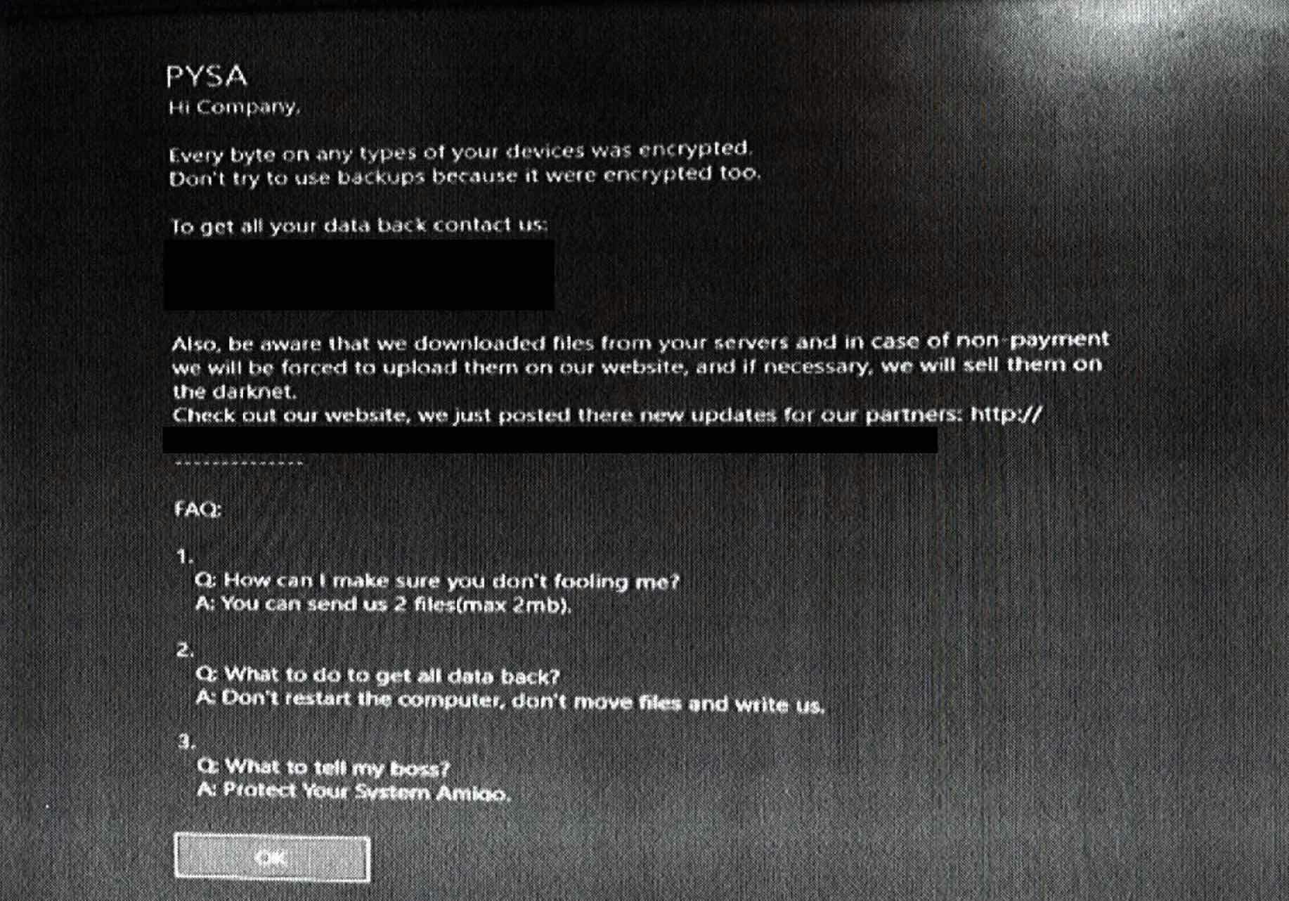 psya ransomware message on computer screen