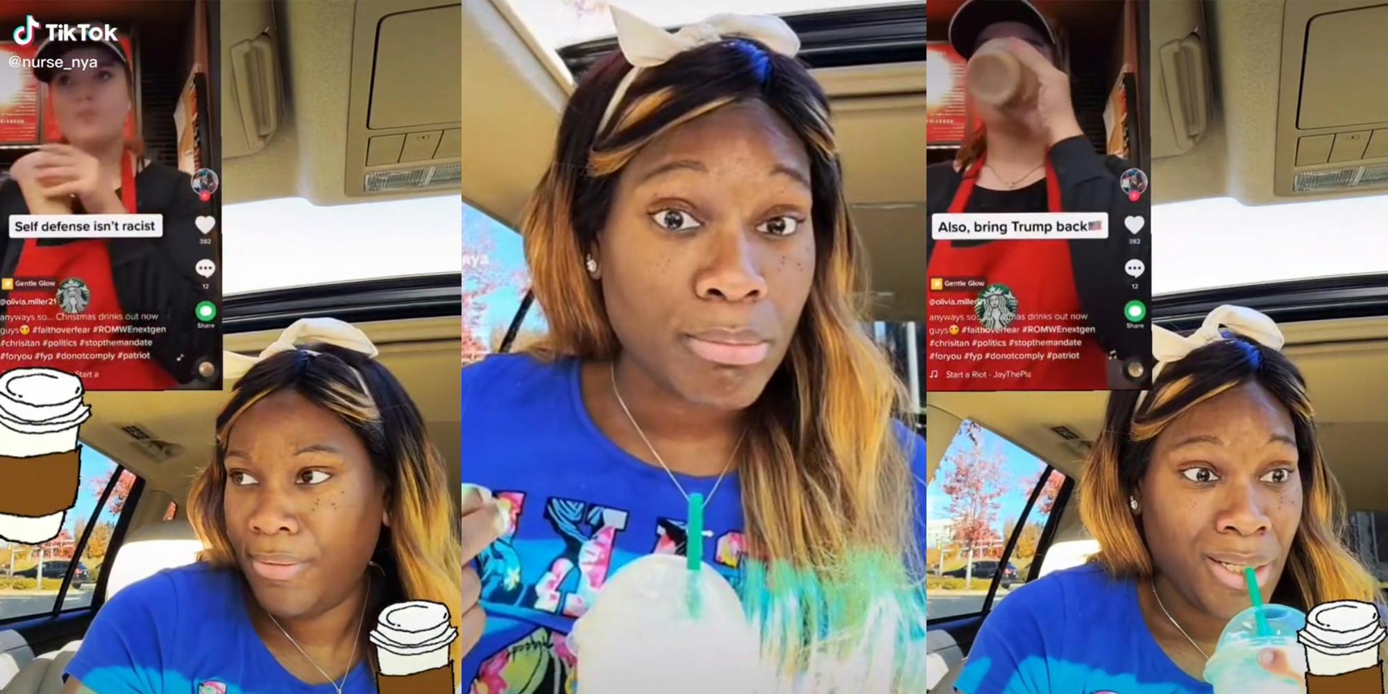 woman in car watching inset of starbucks worker with caption "self defense isn't racist" (l) woman in car with surprised look (c) woman drinking coffee with inset of starbucks worker with caption "Also, bring Trump back" (r)