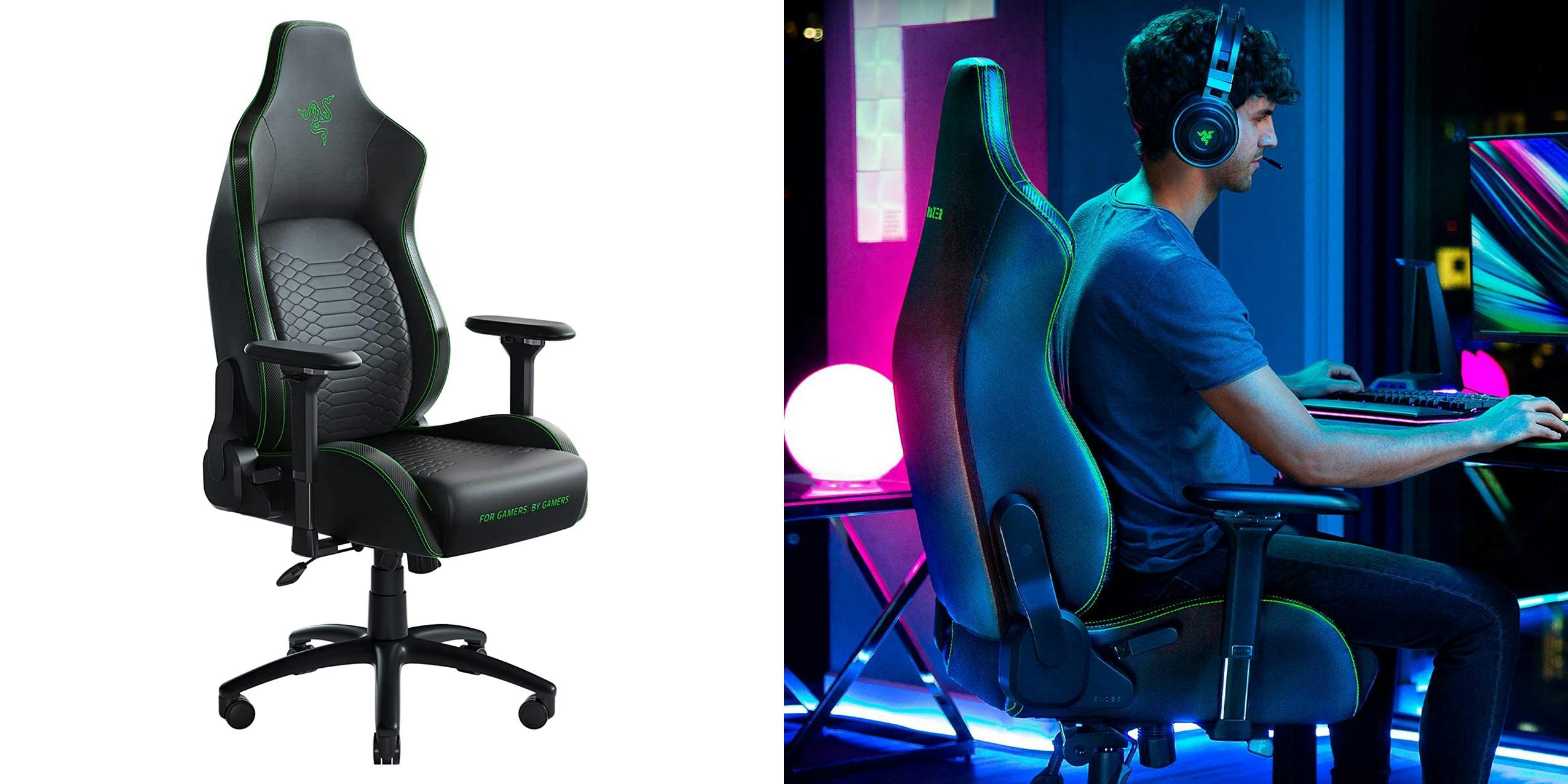 Razer Iskur gaming chair product image along with a gamer sitting in it while gaming on a PC.
