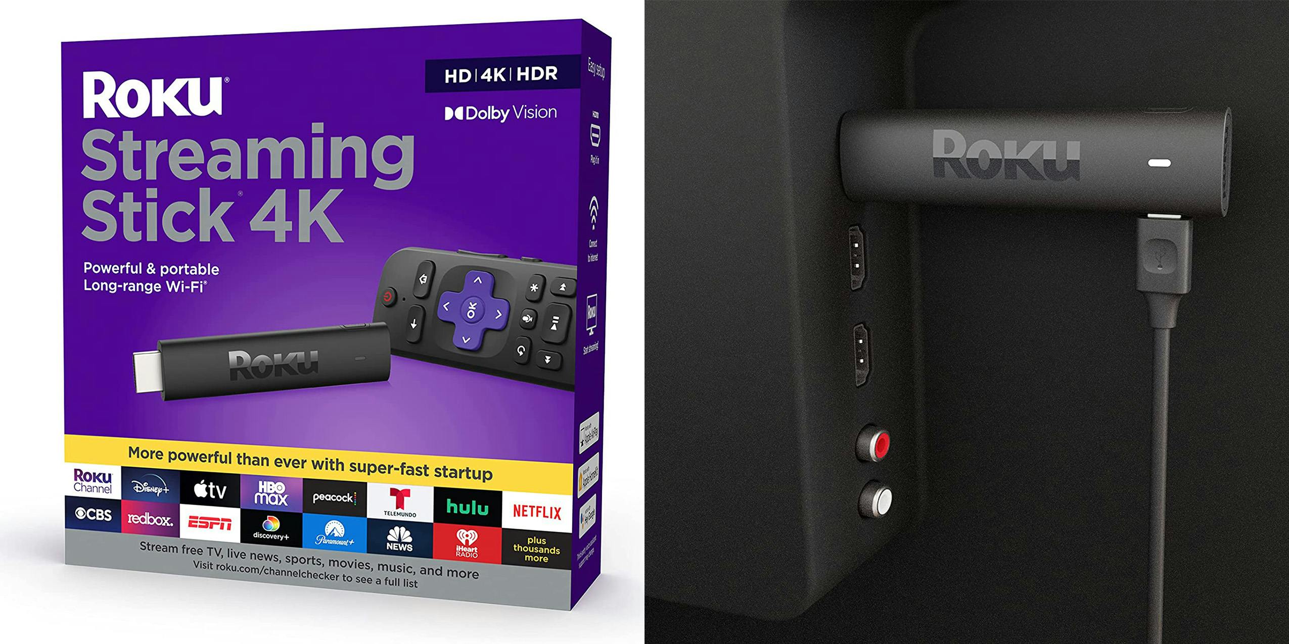 Roku Streaming Stick 4K product image and what the device looks like plugged into a television.