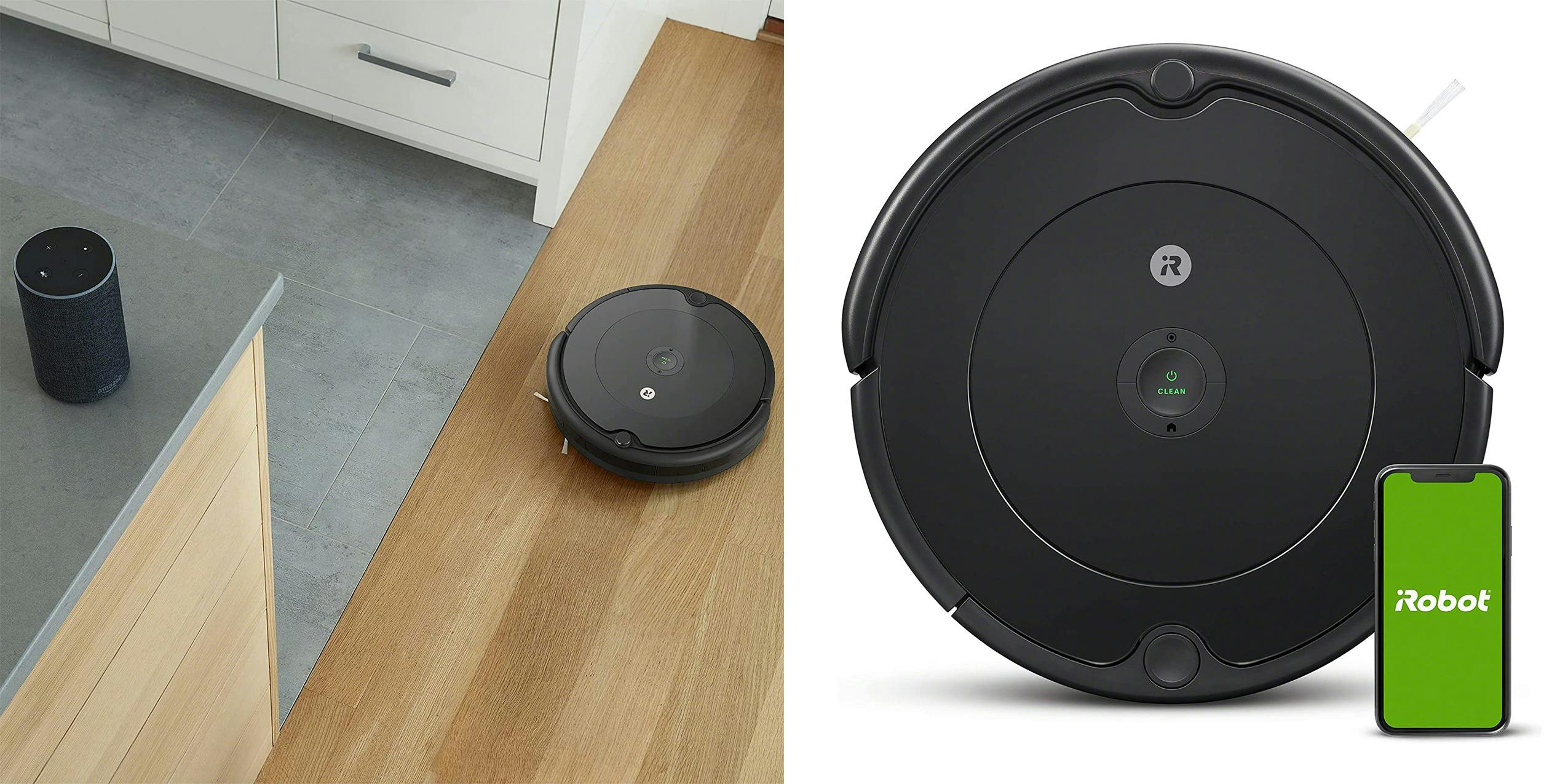 Roomba sweeping a wooden floor with an Alexa device on a counter.