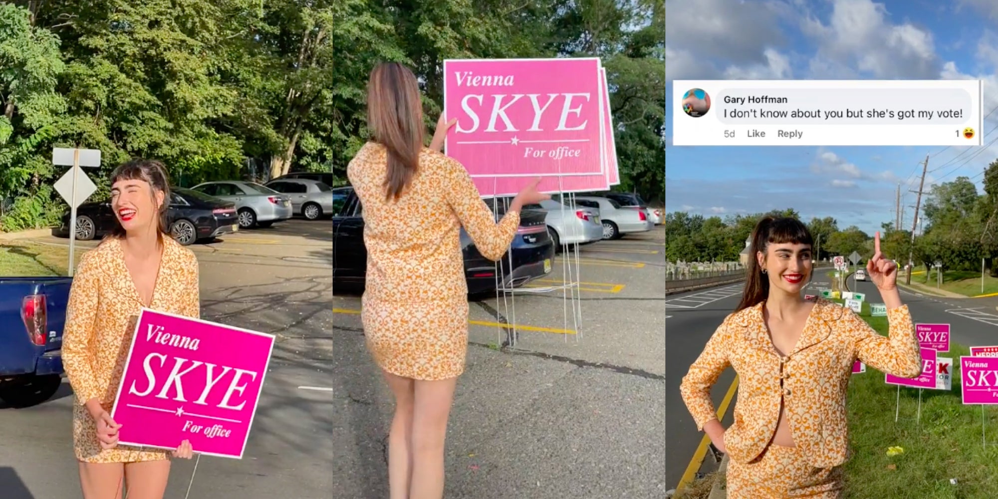 TikToker putting up signs on a busy highway