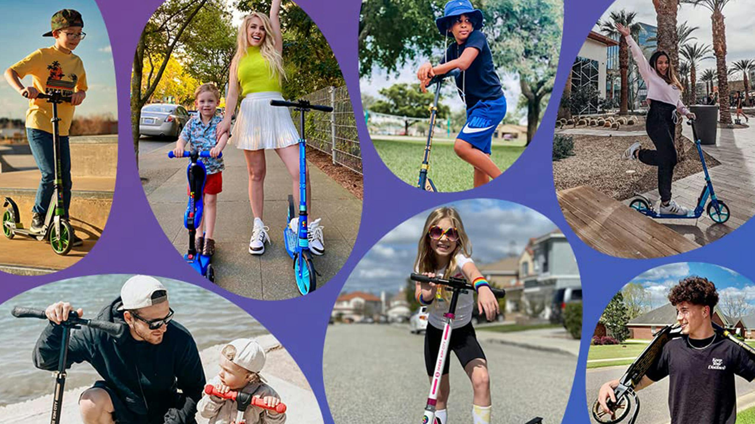 Various kids, teens, and adults using the Skidee Scooter, the perfect toy deal to use all year round