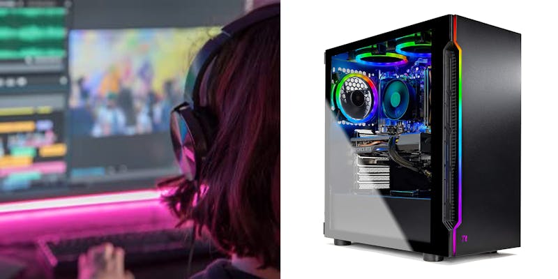 SkyTech Shadow 3 gaming PC along with a gamer using it.