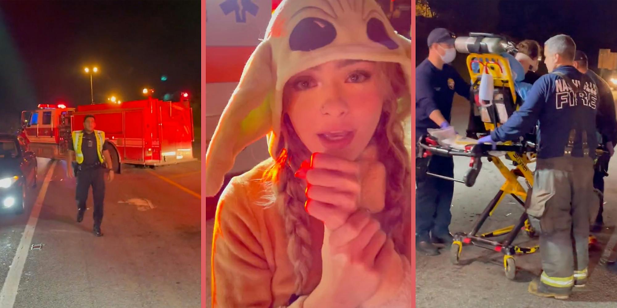 A firefighter (L), a woman in front of an ambulance (C), and medics putting a woman on a stretcher (R).