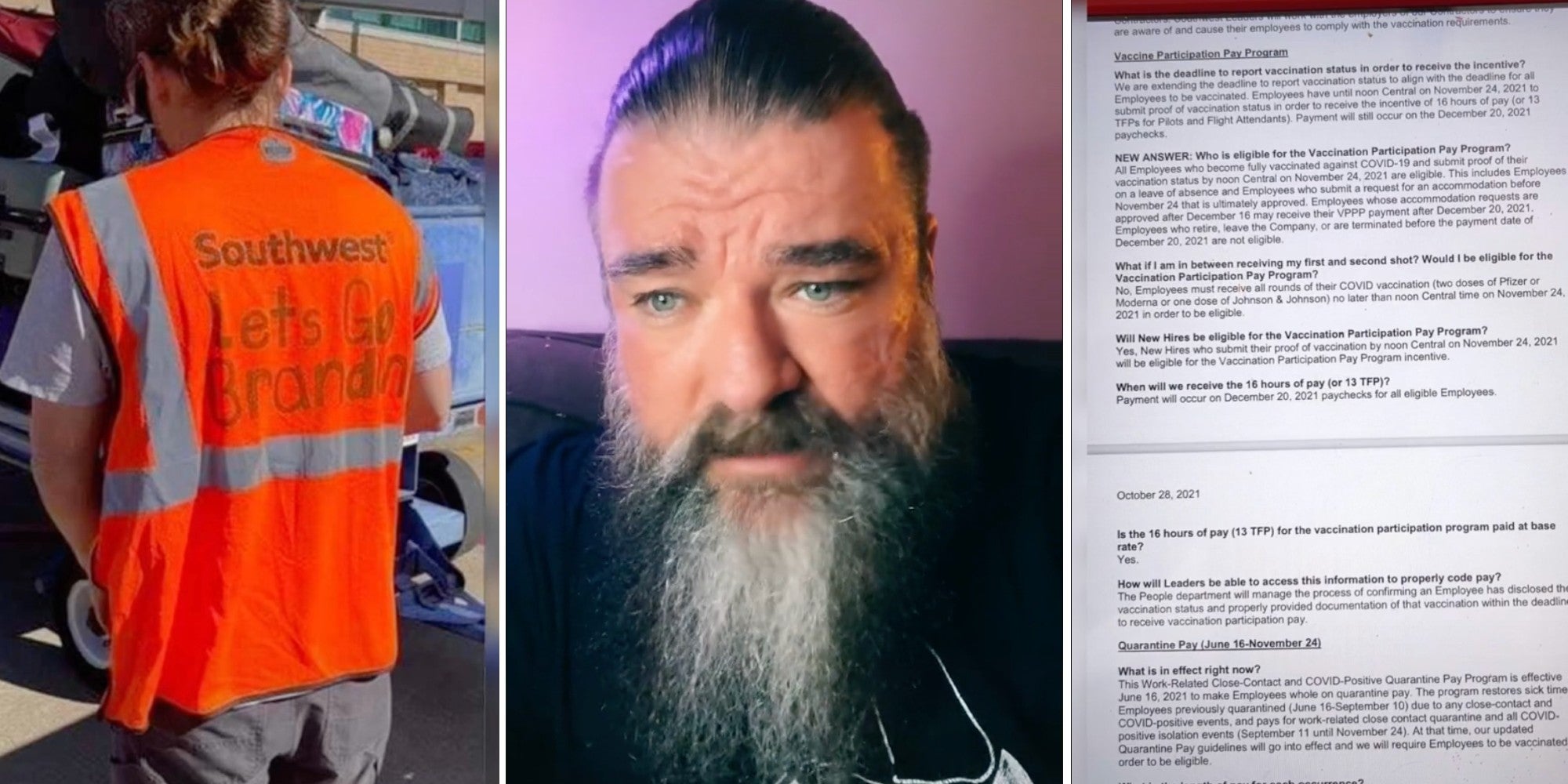 southwest employee with 'let's go brandon', man talking on tiktok, southwest's vaccine policy