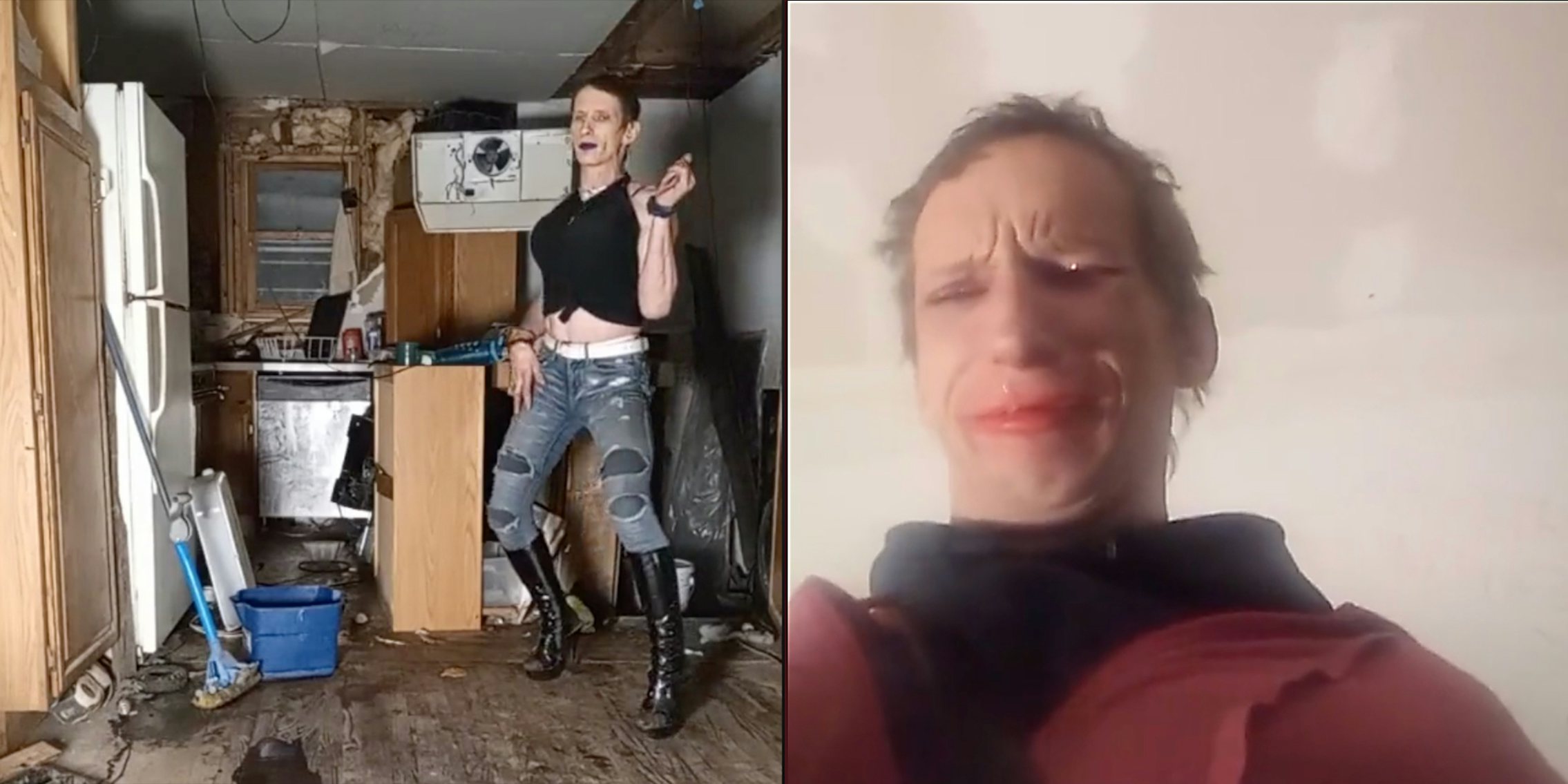 A person dancing (L) and a person crying into camera (R).