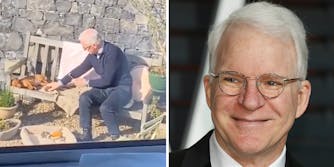 A man with a dog (L) and Steve Martin looking off camera (R).