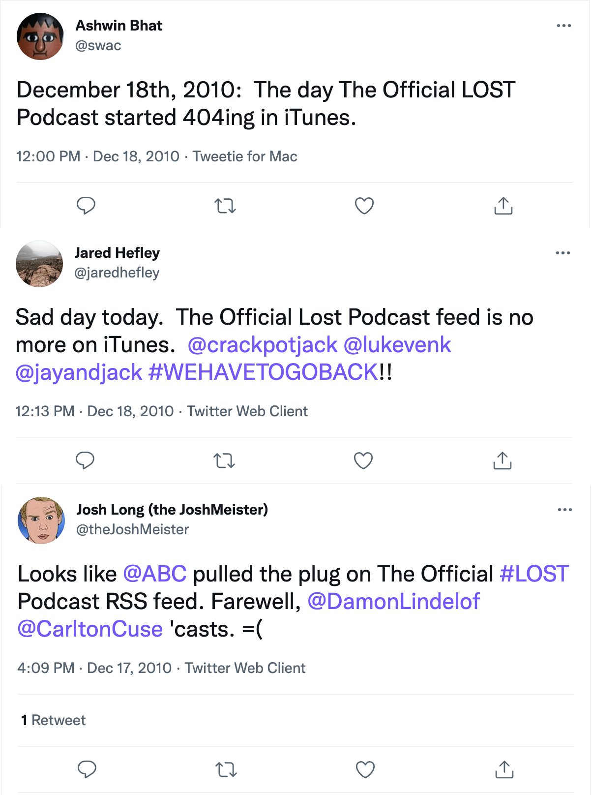 three tweets stitched together about the official lost podcast