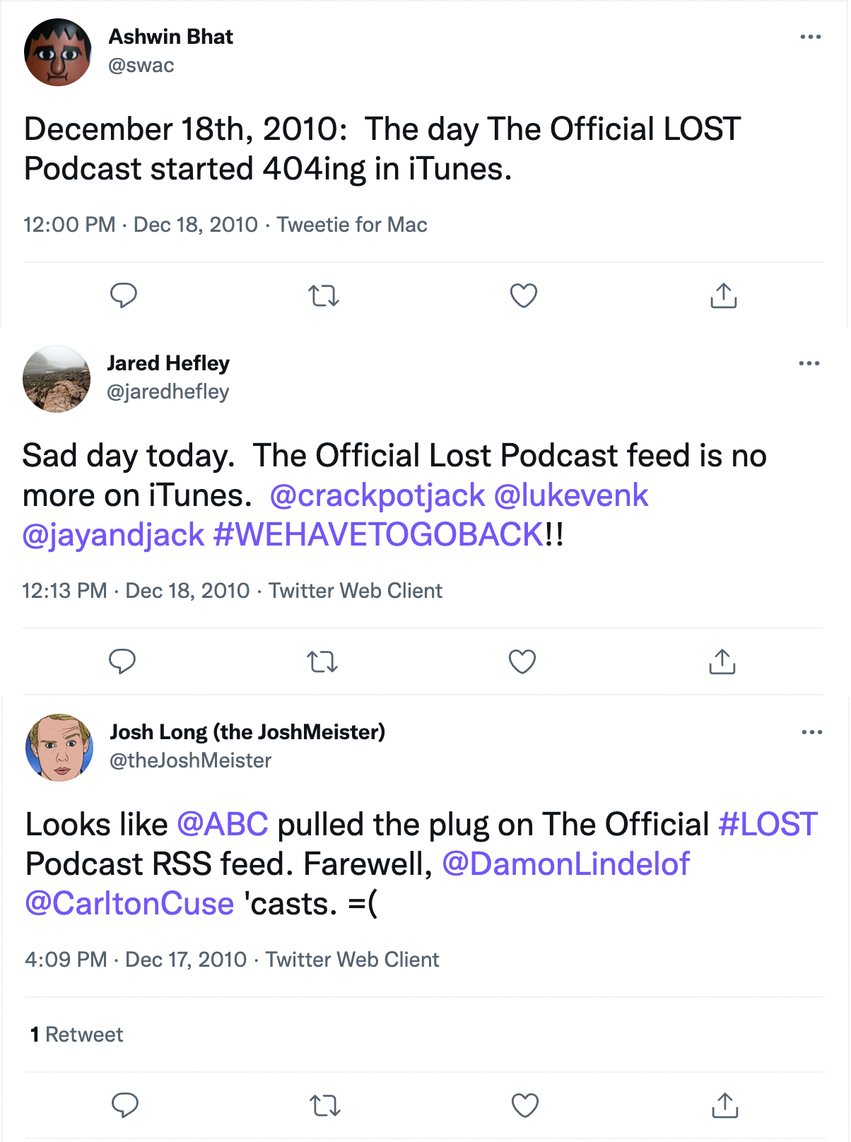 three tweets stitched together about the official lost podcast