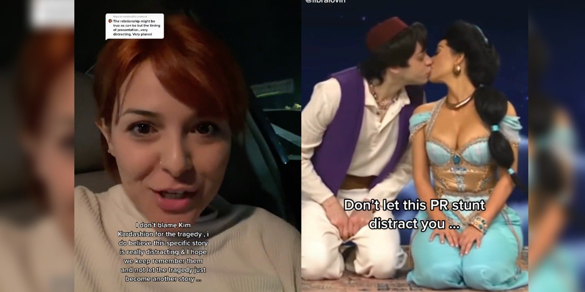 woman, pete davidson and kim kardashian dressed as aladdin and princess jasmine