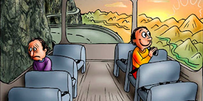 An illustration of two men on a bus.