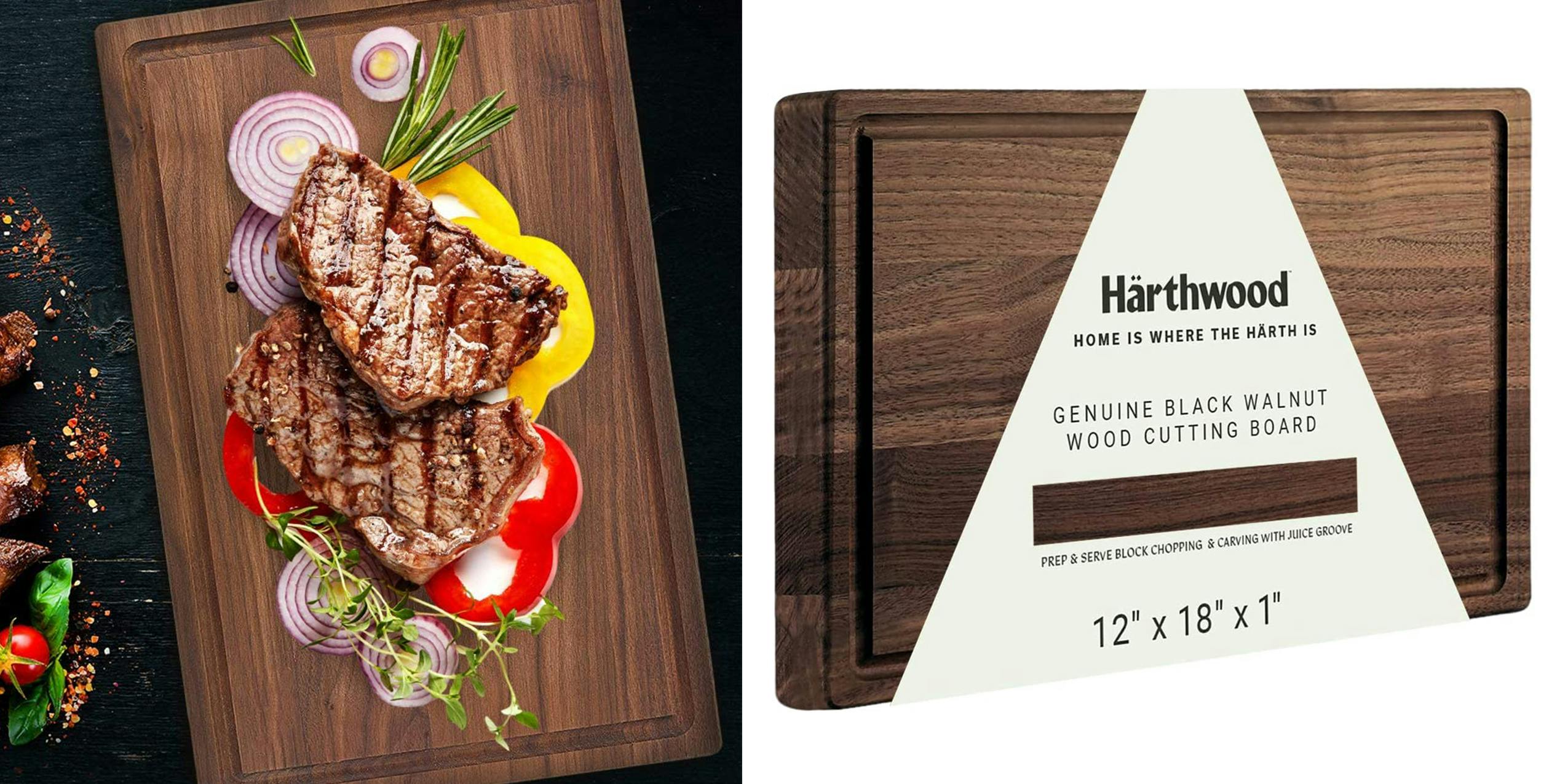 Härthwood Walnut cutting board with meat and vegetables presented on it.