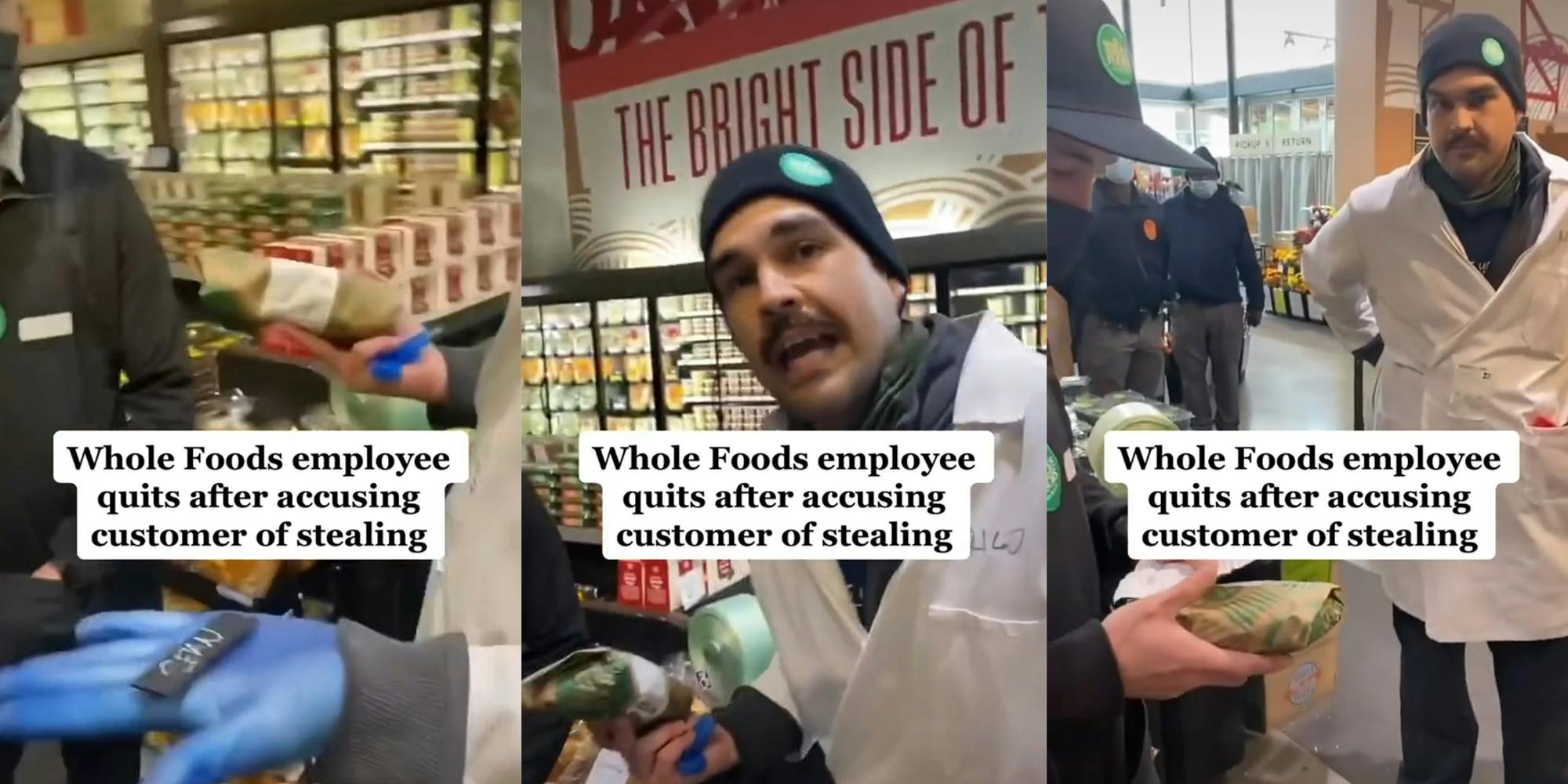 Whole Foods employees examining wrapped sub and receipt with captions "Whole Foods employee quits after accusing customer of stealing"