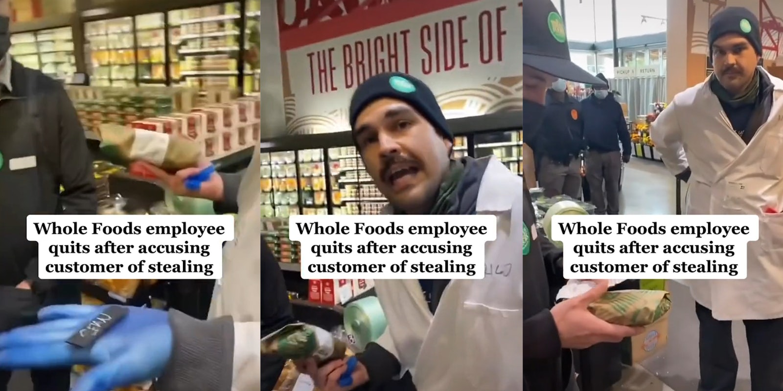 Whole Foods employees examining wrapped sub and receipt with captions 'Whole Foods employee quits after accusing customer of stealing'
