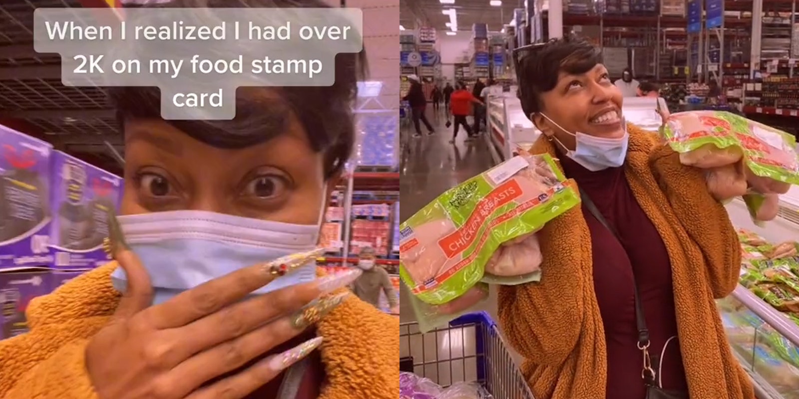 woman with surprised look on her face in grocery store with caption 'When I realized I had over 2K on my food stamp card' (L) woman happily holding chicken breast packages (R)