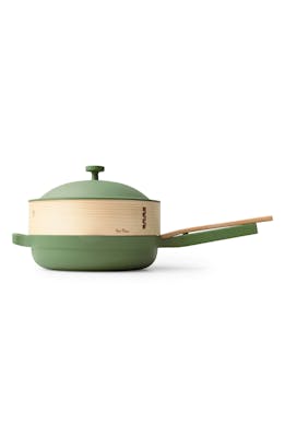 Set of pans that are always green with bamboo steamer