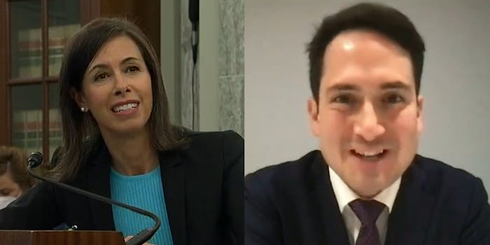 FCC Chair Nominee Jessica Rosenworcel and FTC Commissioner Nominee Alvaro Bedoya speaking at a recent confirmation hearing.