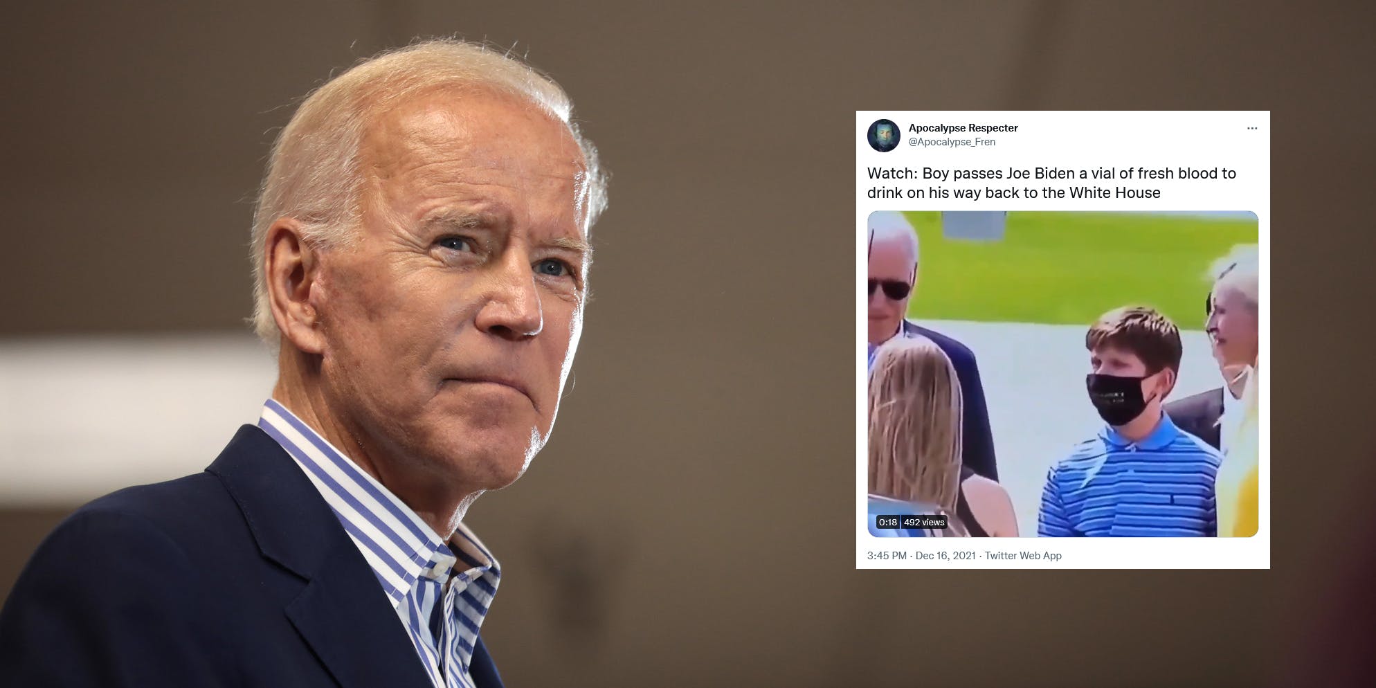 Joe Biden next to a tweet accusing a boy of giving him a 'vial of fresh blood.'