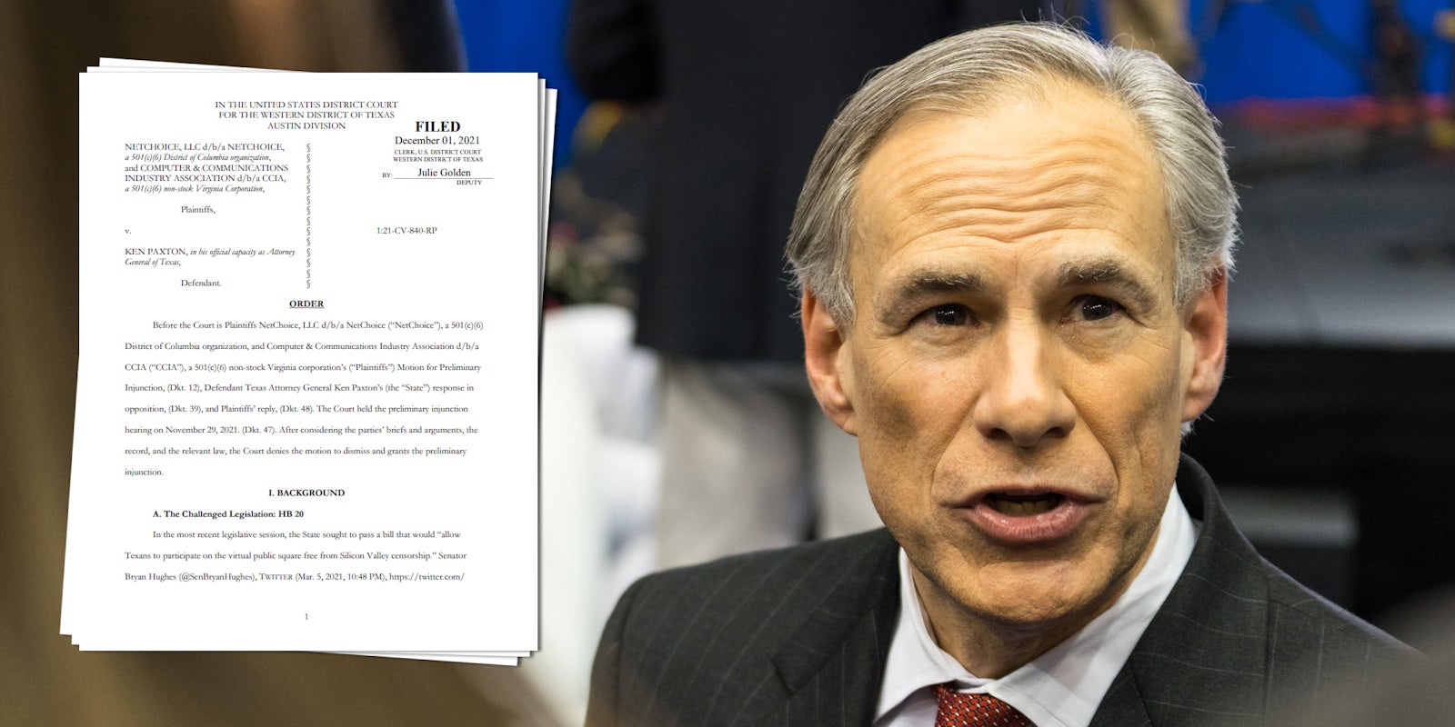 Texas Gov. Greg Abbott next to a judge's order that blocked the state's controversial social media law.