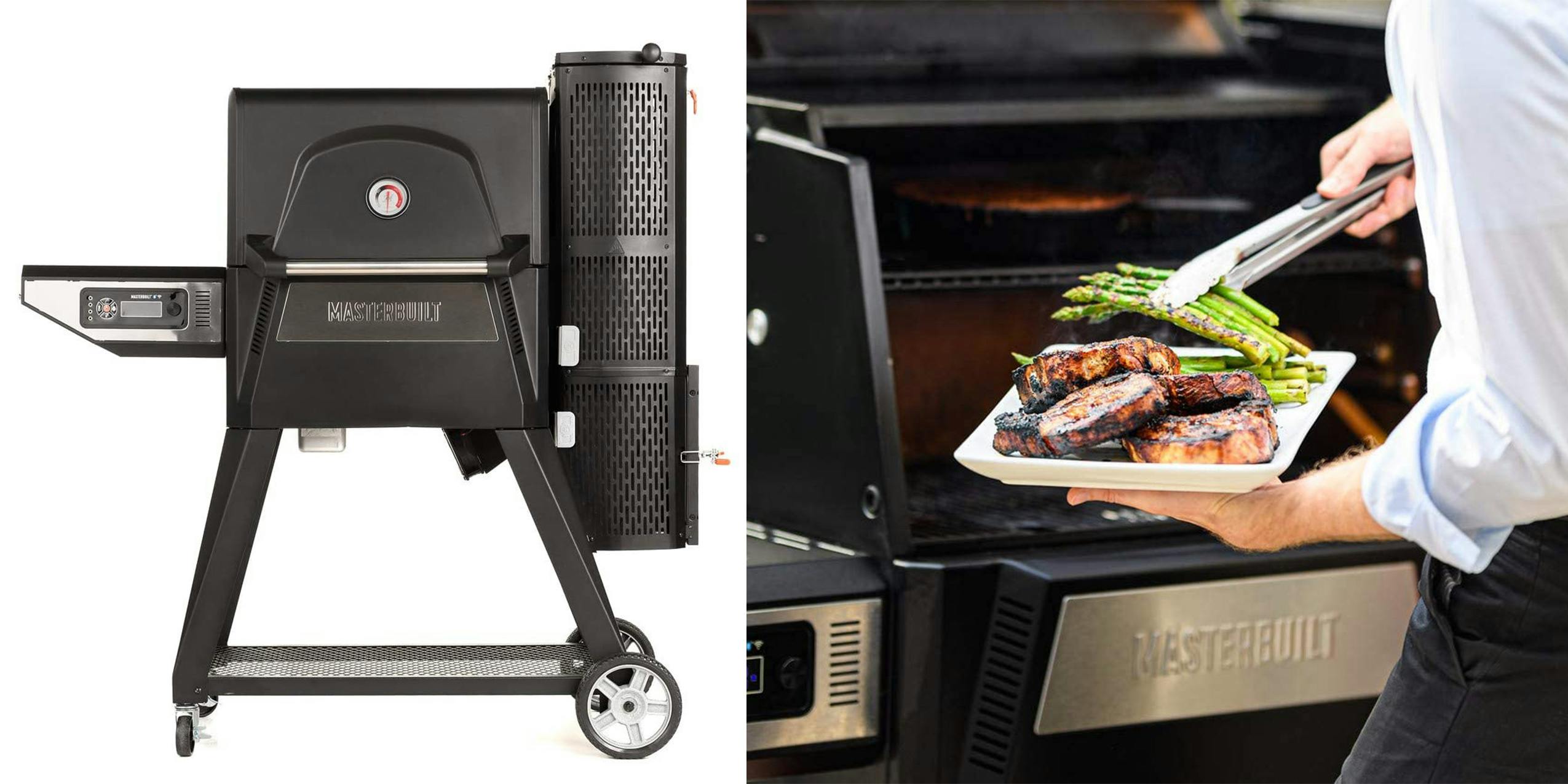 A Masterbuilt Gravity Series electric grill with a man cooking meat and asparagus on the device.