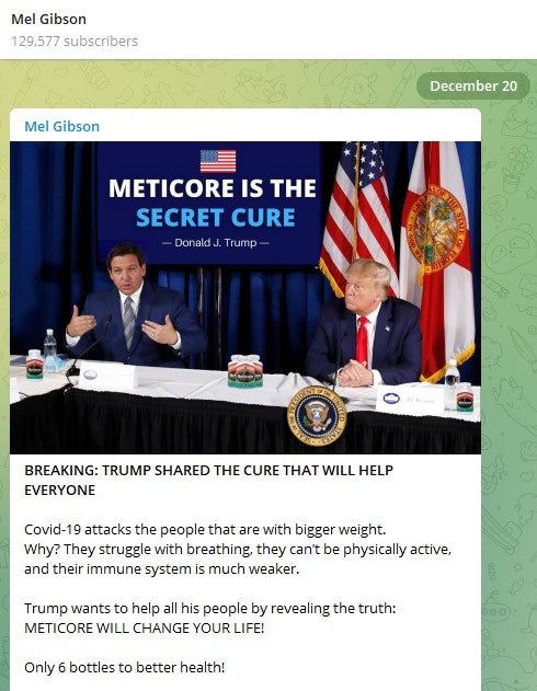 A fraudulent Telegram account hawking a fake COVID cure
