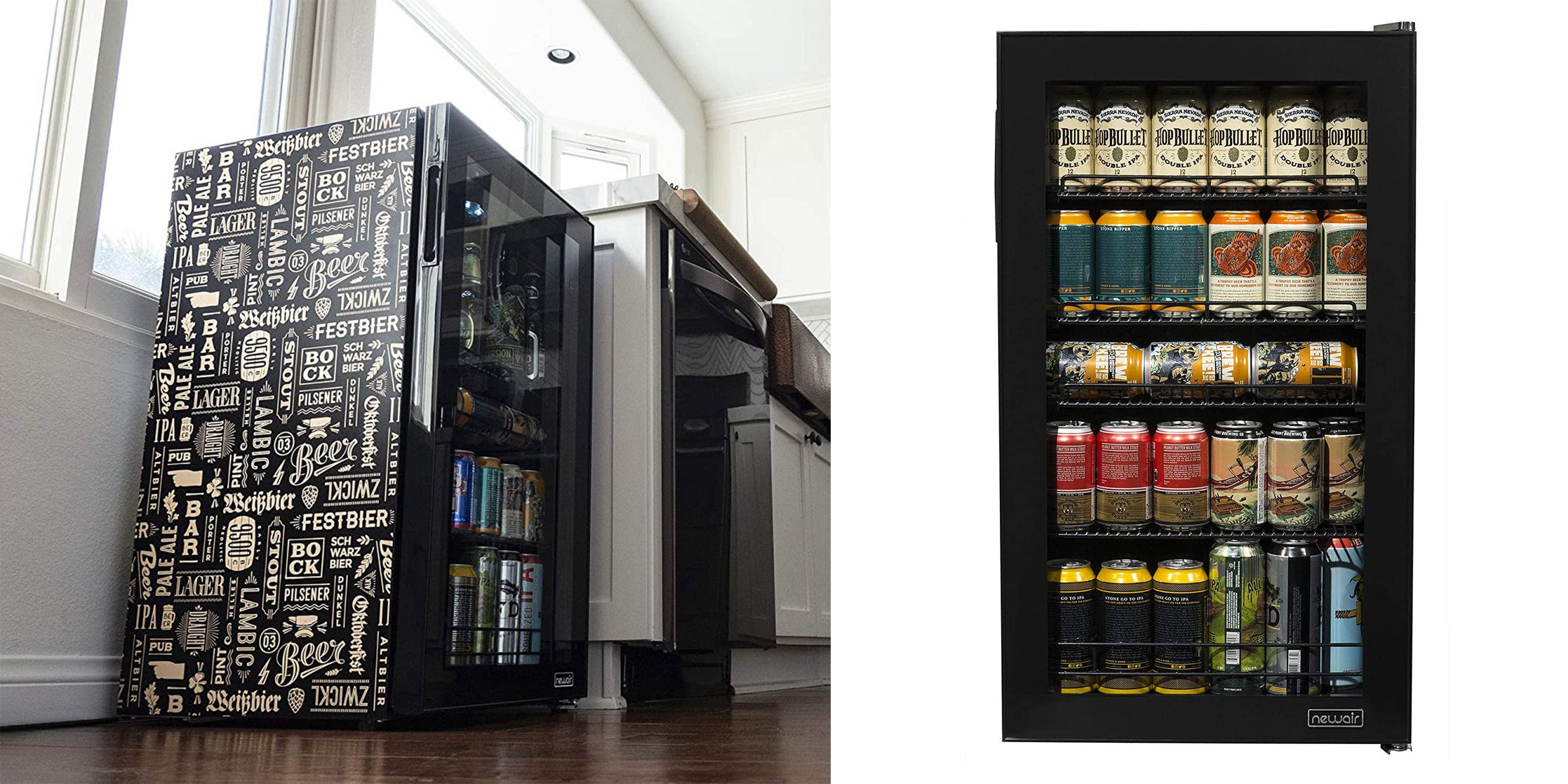 NewAir Beverage cooler full of drinks and placed in the corner of a kitchen.