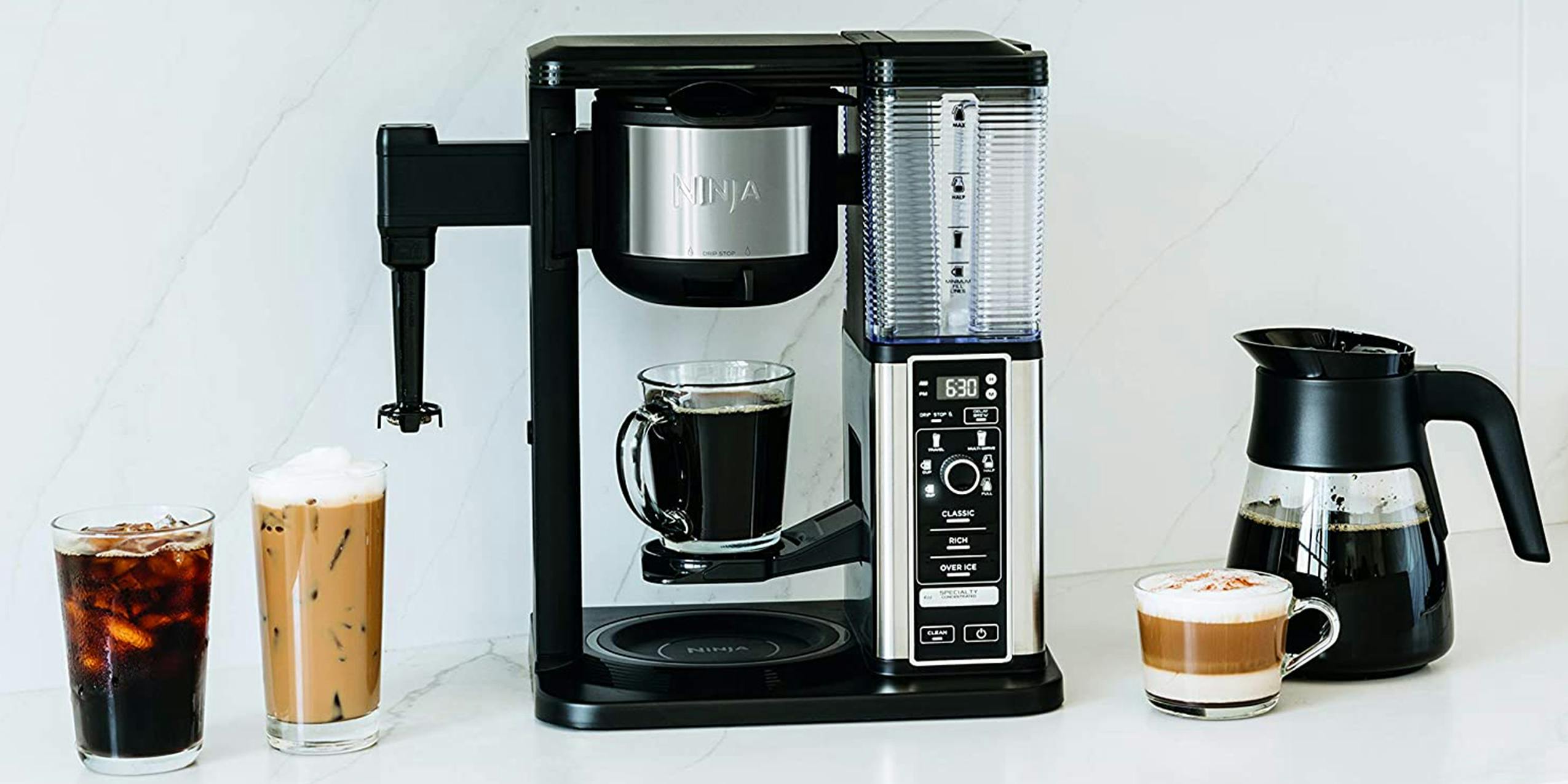 Ninja Coffee Maker along with a few of the drinks the device can make.