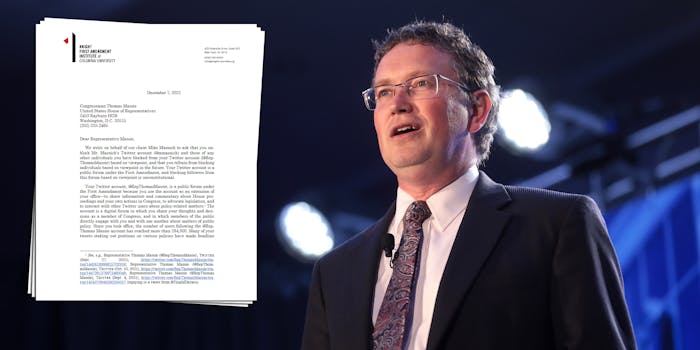 Rep. Thomas Massie next to a letter sent to him reminding him that he violates the First Amendment rights of people he blocks on Twitter.