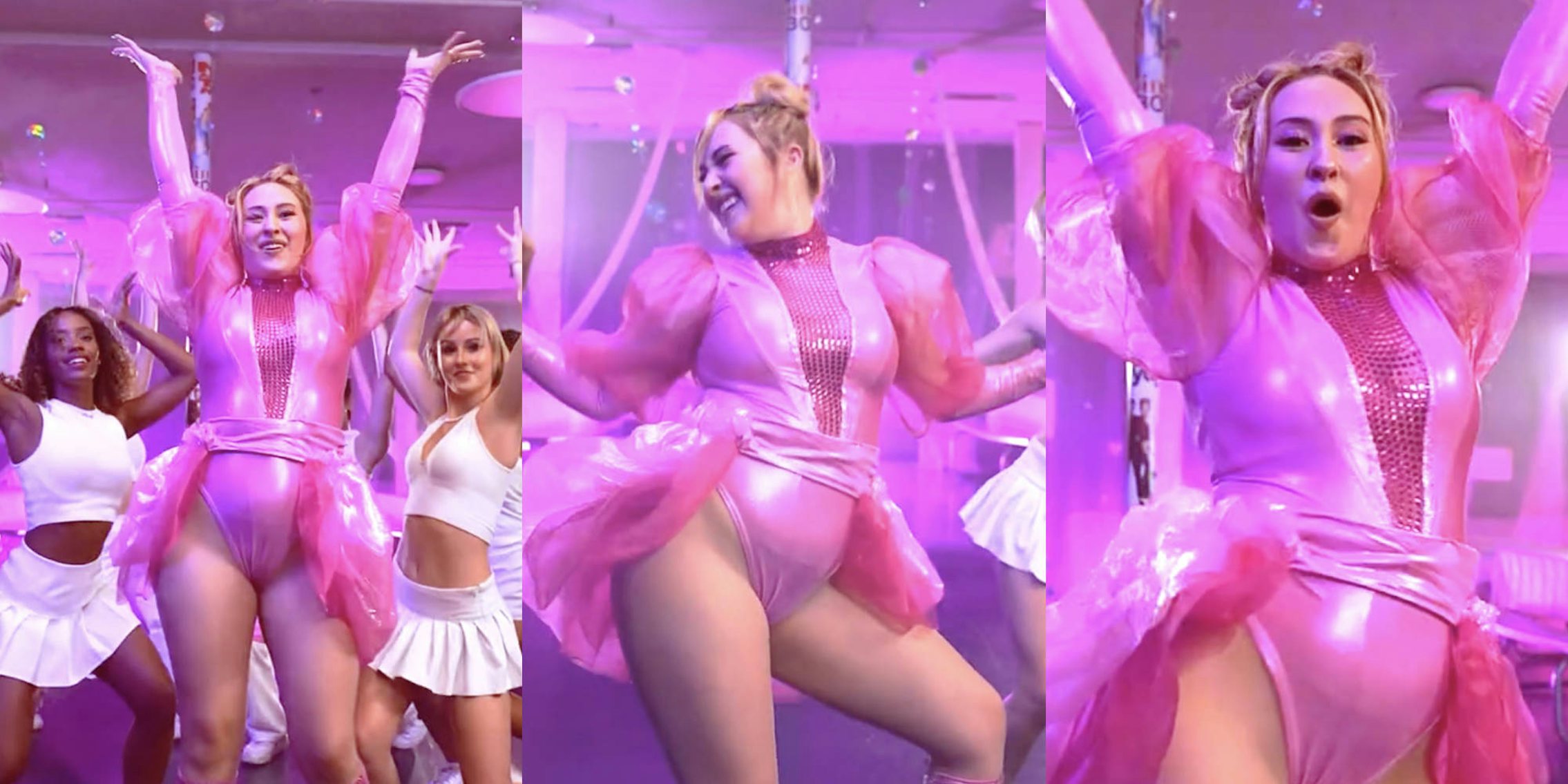 three photos of singer, XOBrooklynne, wearing a pink outfit and dancing to choreography