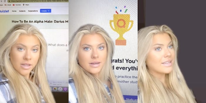 three photos of a woman looking confused at an online quiz
