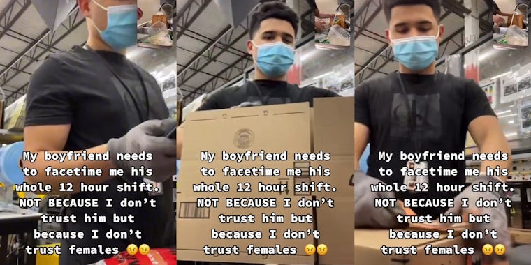 young man packing amazon packages with caption 'My boyfriend needs to facetime me his whole 12 hour shift. NOT BECAUSE I don't trust him but because I don't trust females'