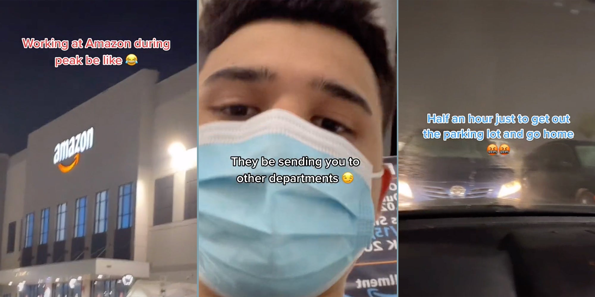 A Amazon warehouse (L), a man looking into camera (C), and parked cars (R).