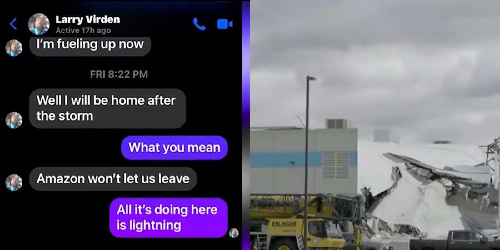Texts allegedly show Amazon worker saying he couldn't leave facility before he died in tornado.