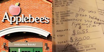 Applebee's restaurant (l) receipt with amount $73.45, tip $6.55 with handwritten note "You was great holidays are just rough right now :("