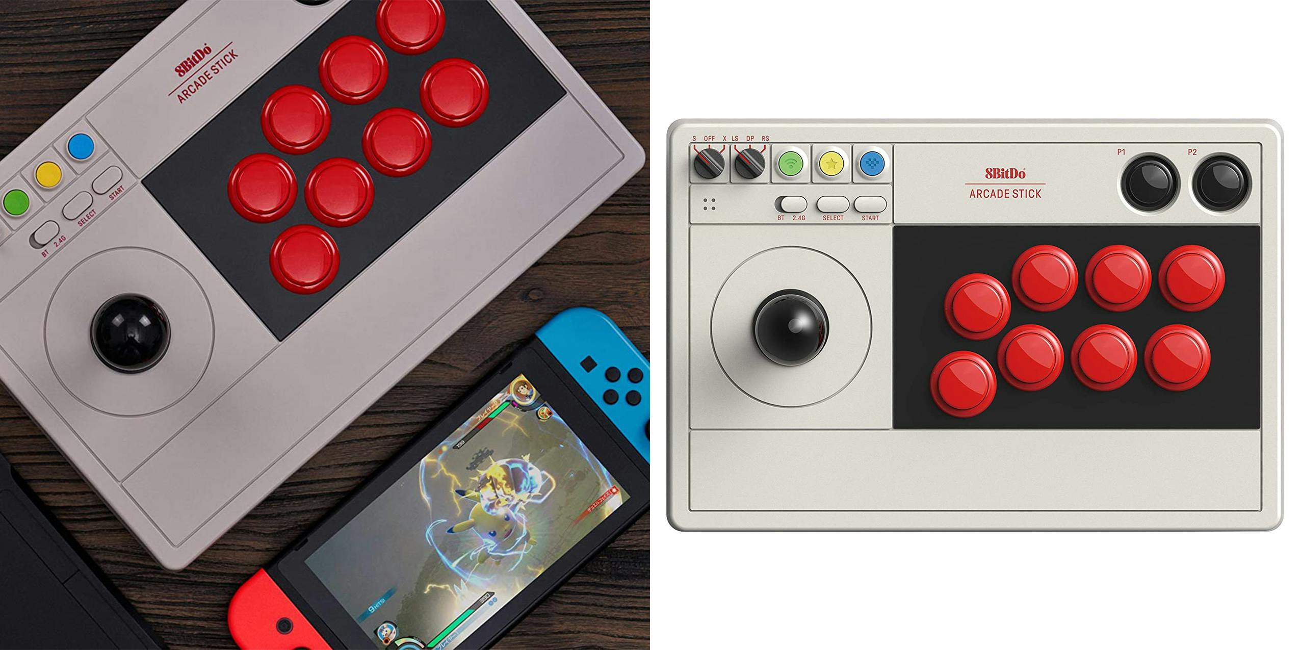 An 8BitDo Arcade Stick for Nintendo Switch on a wooden table along with a Switch console.