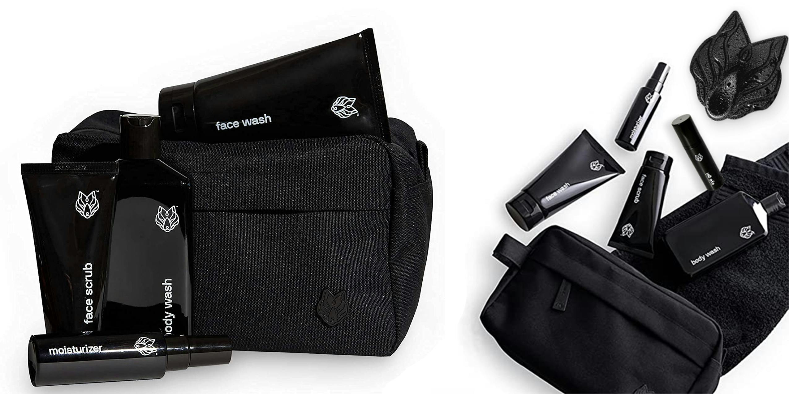 The full Black Wolf skincare package complete with microfiber sponge, towel, and carrying case.