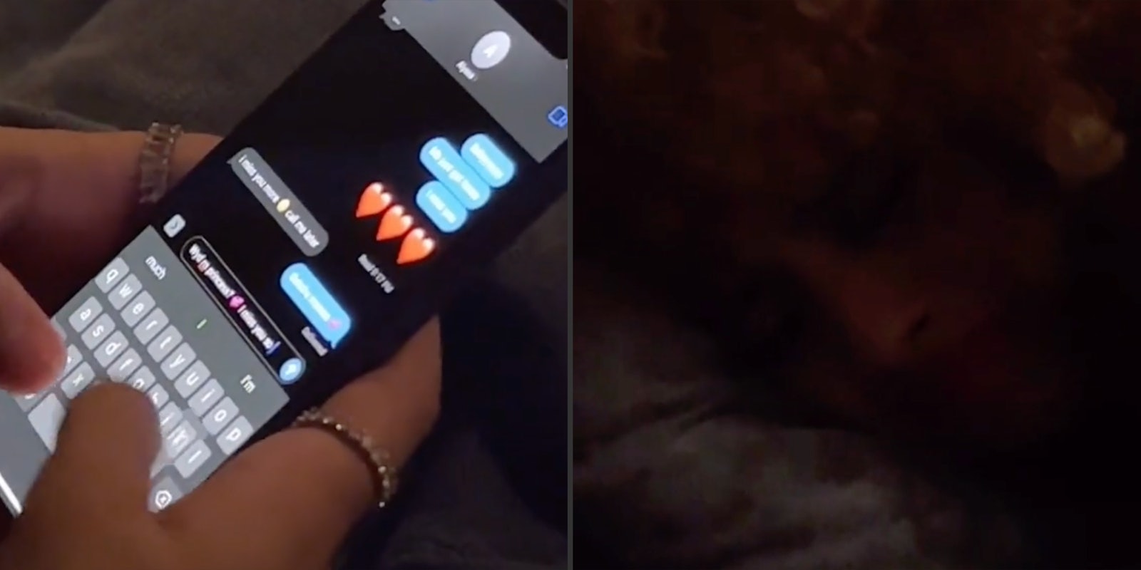 Hands texting (L) and woman laying on a pillow (R).