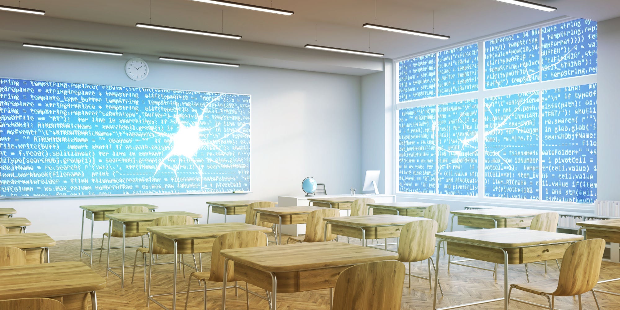 Image of a school classroom; the windows and blackboard are formed out of computer code and they have cracks in them