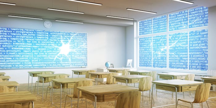 Image of a school classroom; the windows and blackboard are formed out of computer code and they have cracks in them